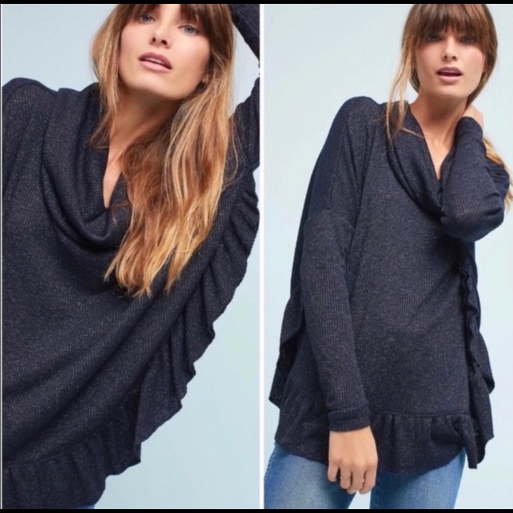 Anthropologie Ruffle Midnight Blue Sweater